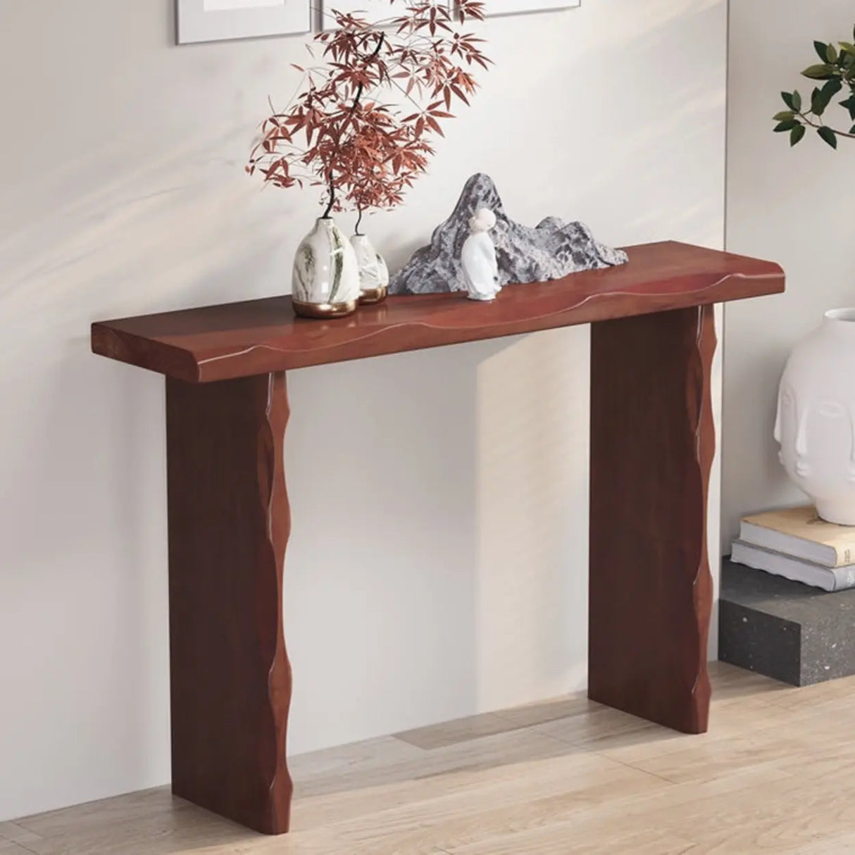 Display Artistic Wood Brown Double Pedestal Console Table Image - 4