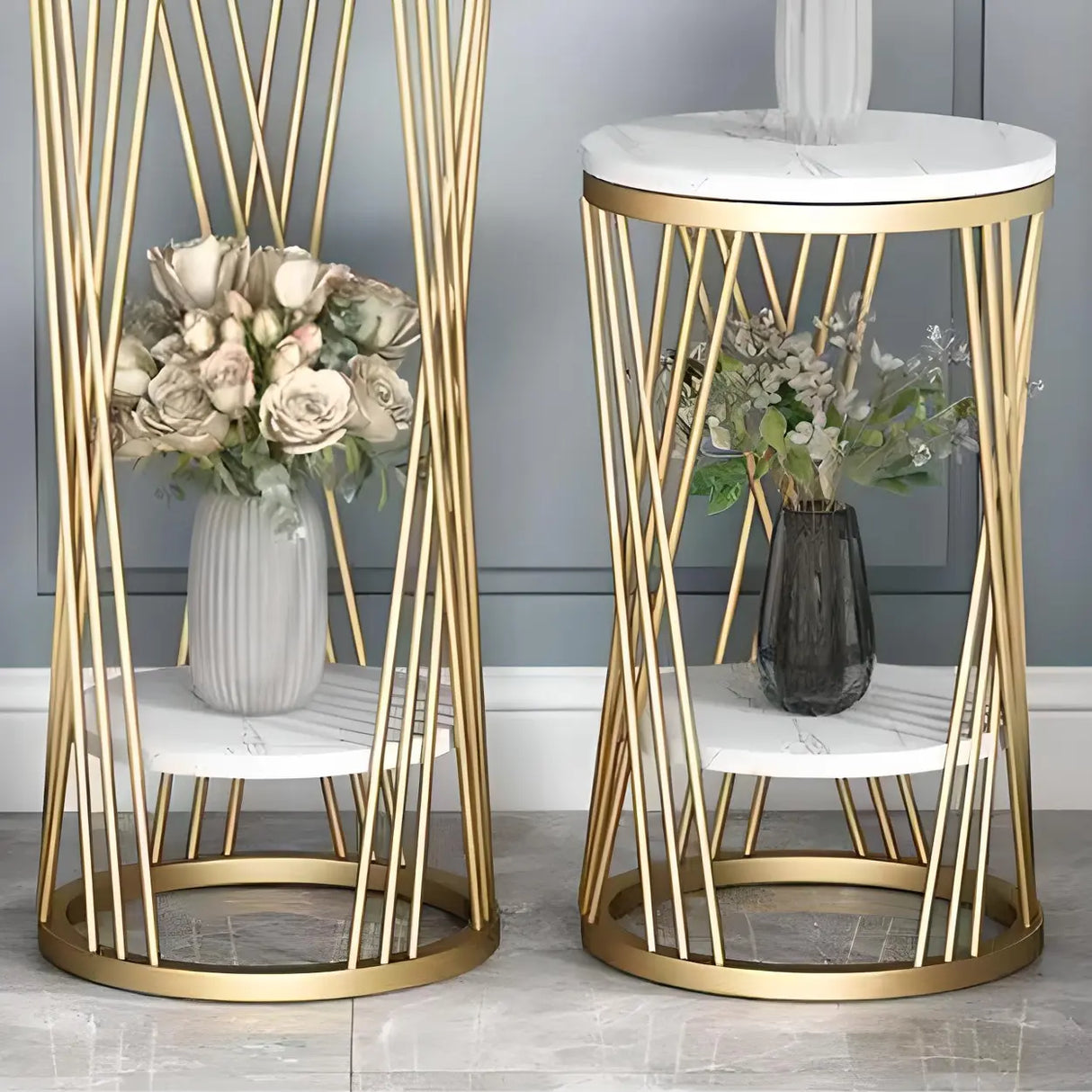 Display Round Gold Faux Marble 2 Tiers Plant Stand Image - 14