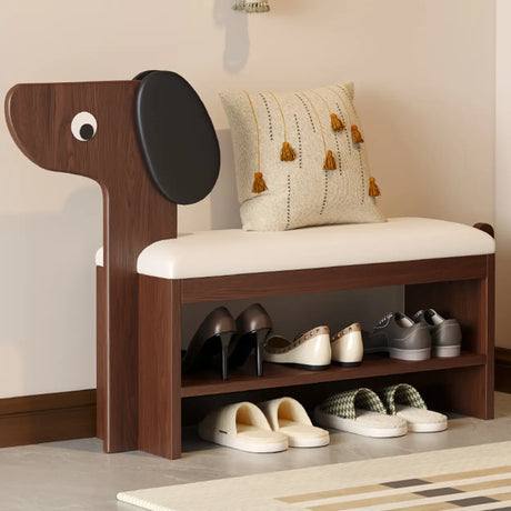 Dog-Shaped Entryway Shoe Bench with Cushion & Storage Shelves Image - 1