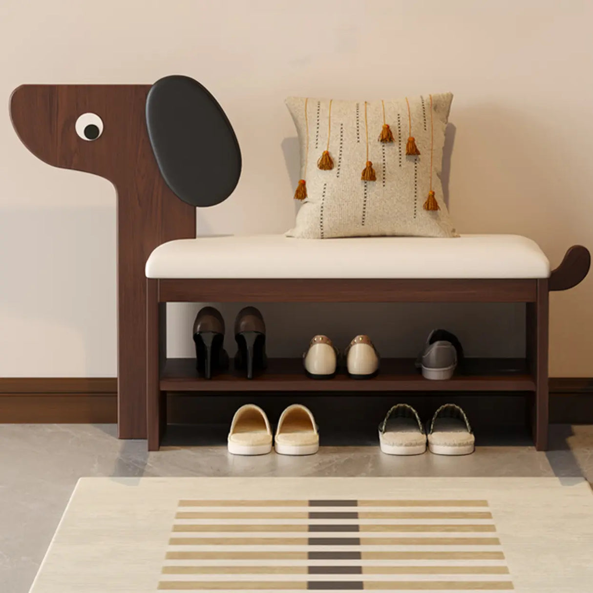 Dog-Shaped Entryway Shoe Bench with Cushion & Storage Shelves Image - 3