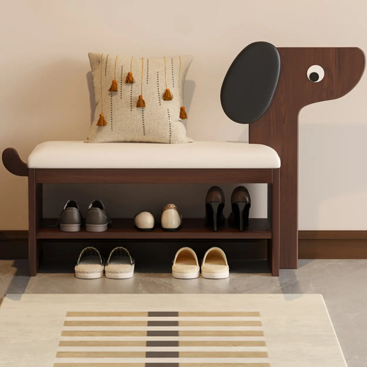 Dog-Shaped Entryway Shoe Bench with Cushion & Storage Shelves Image - 5