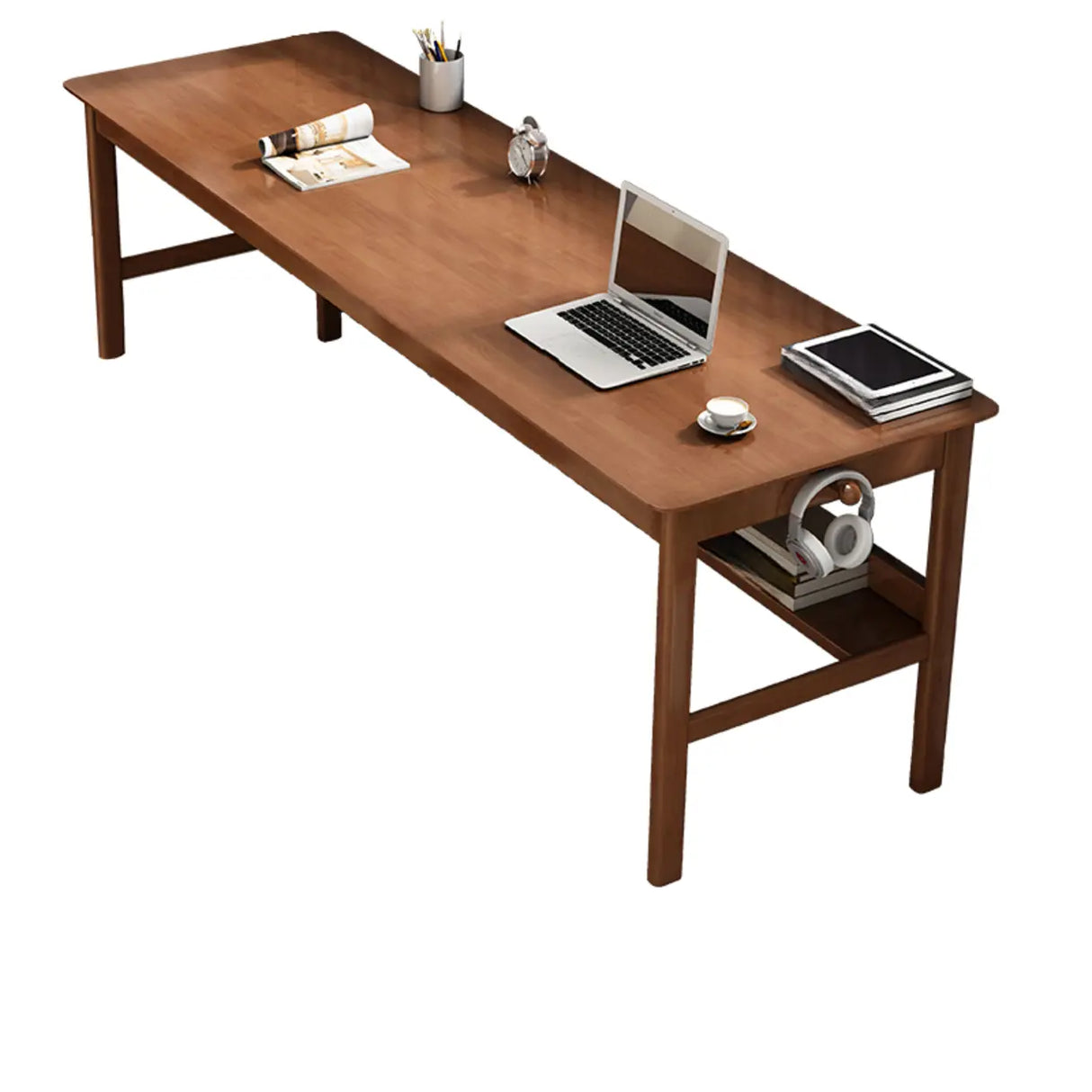 Double Auburn Wooden Desk with Storage Image - 5