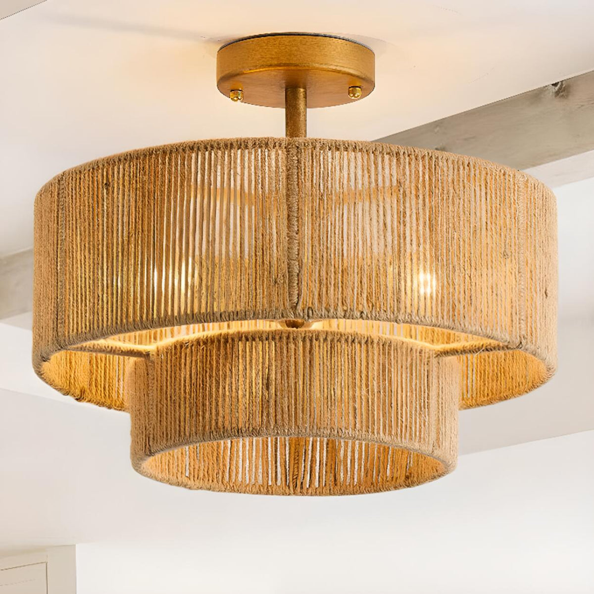 Double Layer Gold Cylinder Rope Semi-Flush Mount Light – Homebaa