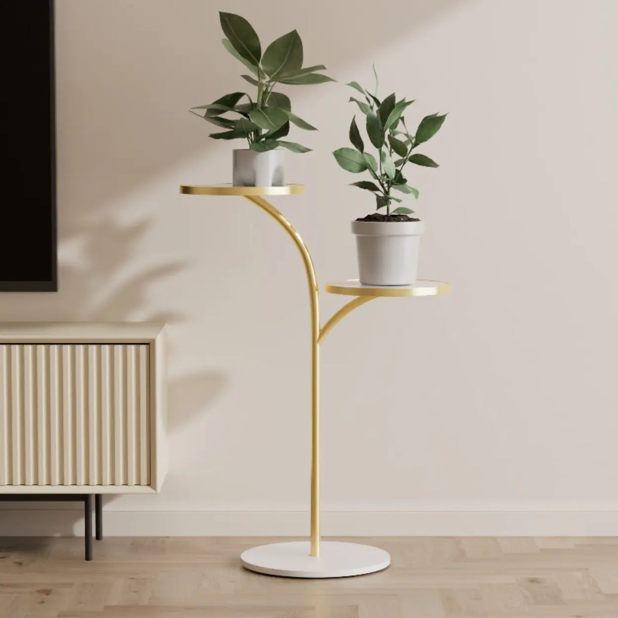 Double Layer Round Tray Branch Plant Stand Gold-White Image - 1