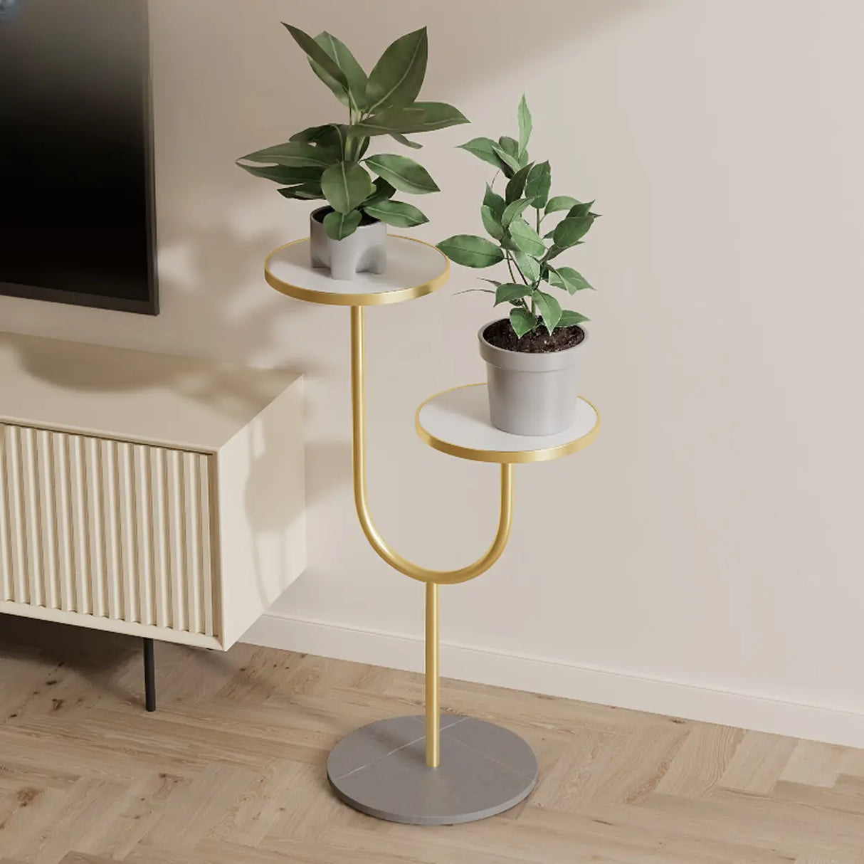 Double Layer Round Tray Branch Plant Stand Gold-White Image - 22
