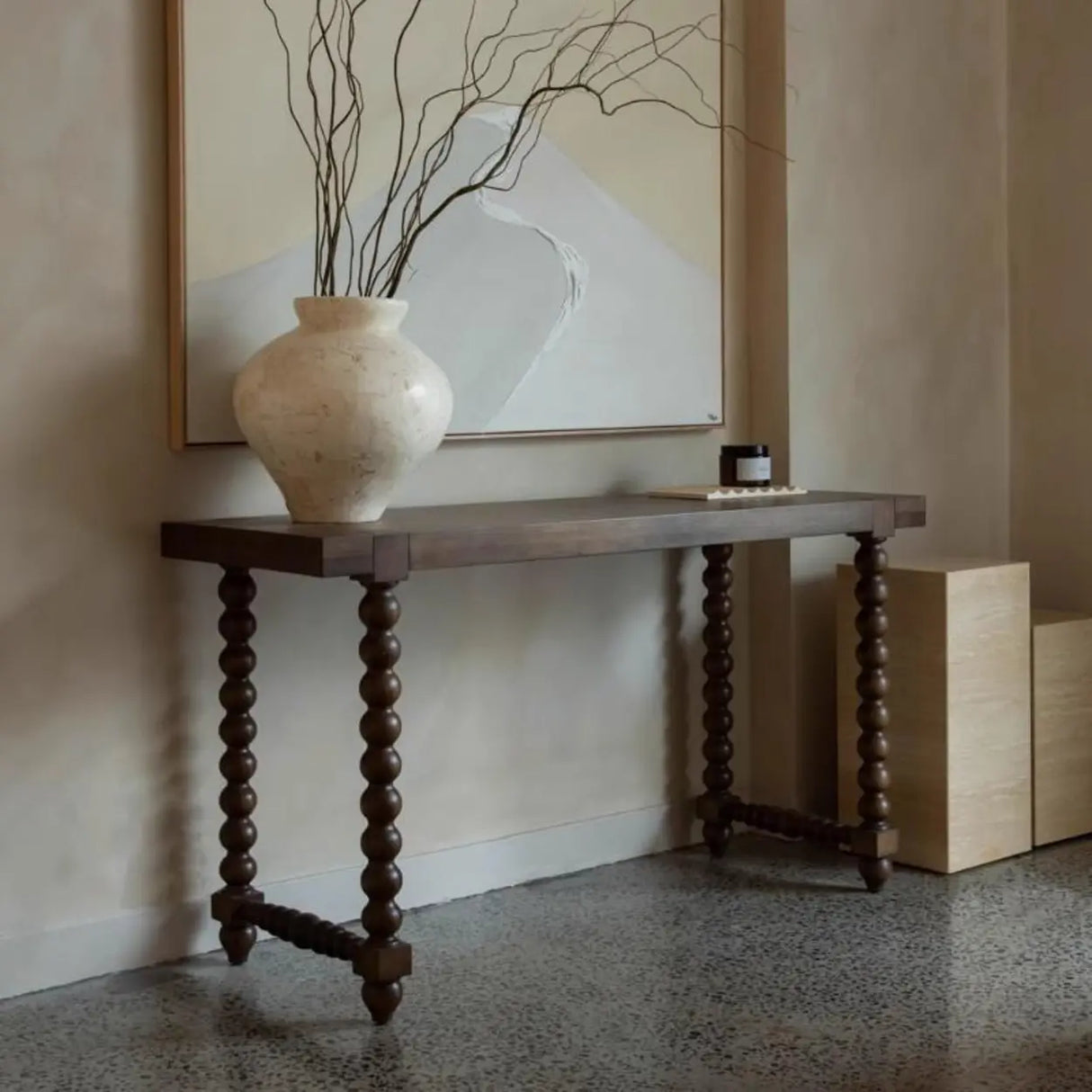 Double Pedestal Beaded Walnut Finish Wood Console Table Image - 2