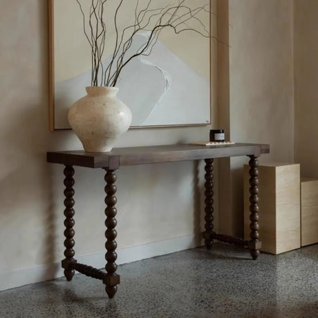 Double Pedestal Beaded Walnut Finish Wood Console Table Image - 2