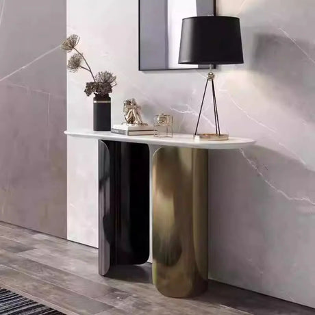 Double Pedestal Oval Sintered Stone Black-Gold Console Table Image - 1