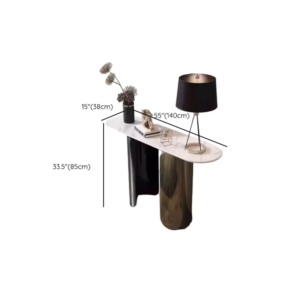 Double Pedestal Oval Sintered Stone Black-Gold Console Table Image - 11