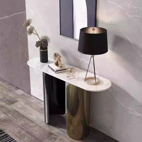 Double Pedestal Oval Sintered Stone Black-Gold Console Table Image - 2