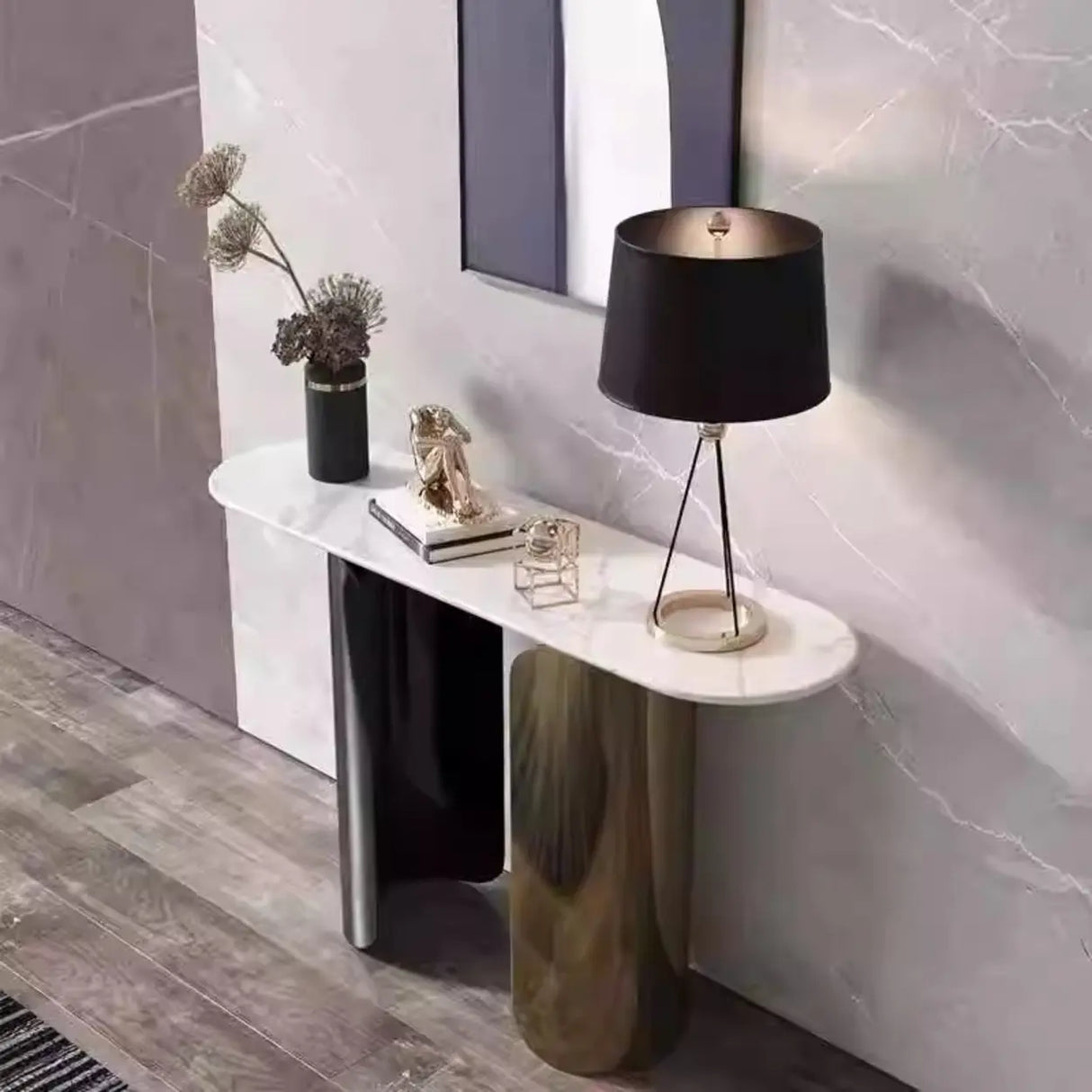 Double Pedestal Oval Sintered Stone Black-Gold Console Table Image - 2