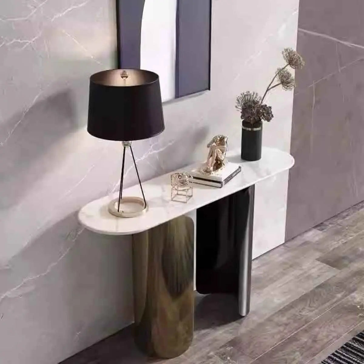 Double Pedestal Oval Sintered Stone Black-Gold Console Table Image - 3