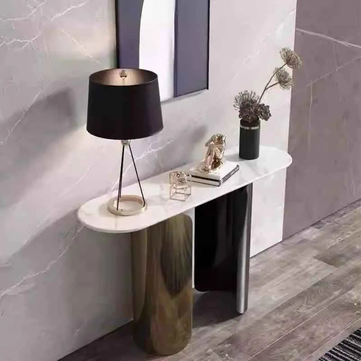 Double Pedestal Oval Sintered Stone Black-Gold Console Table Image - 3