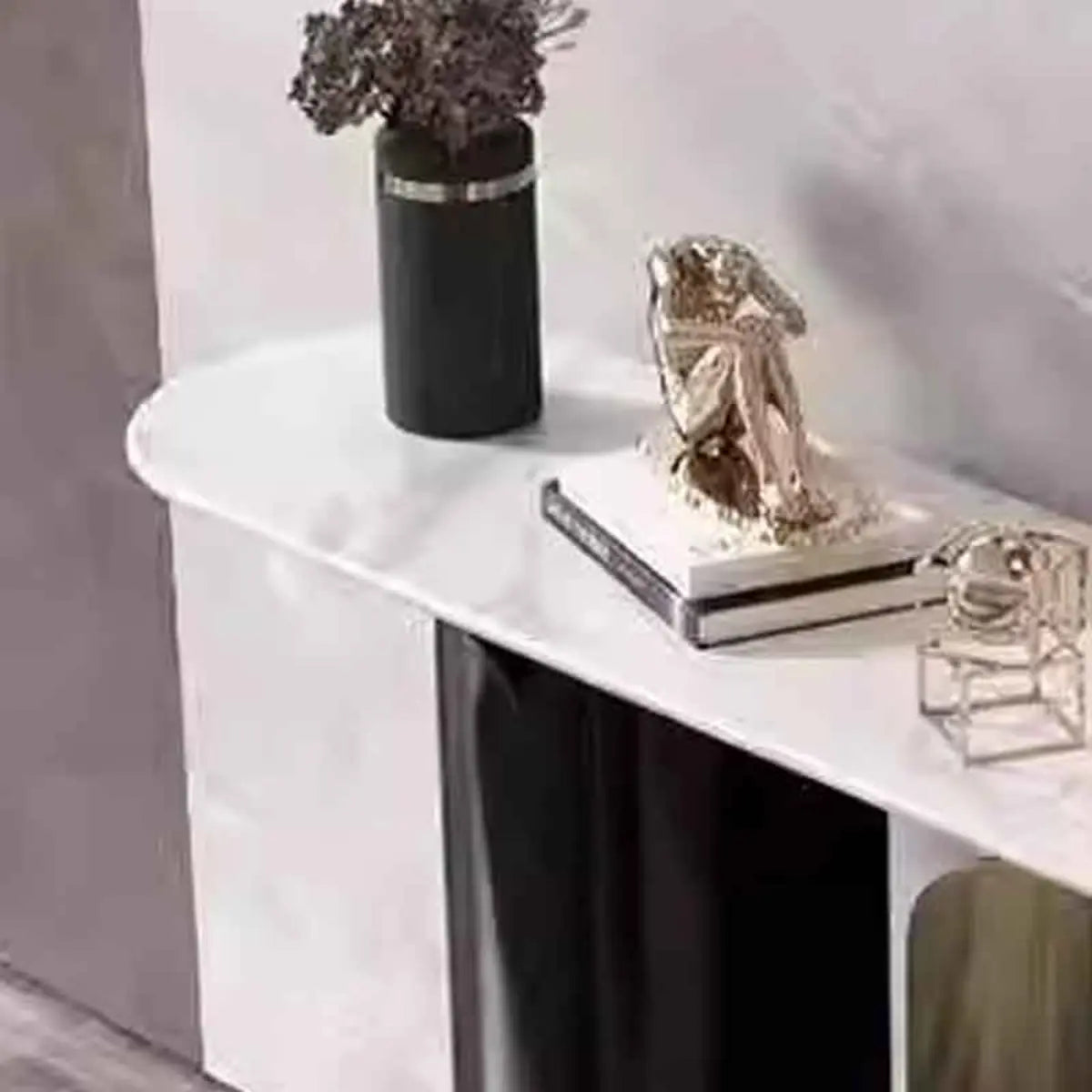 Double Pedestal Oval Sintered Stone Black-Gold Console Table Image - 4