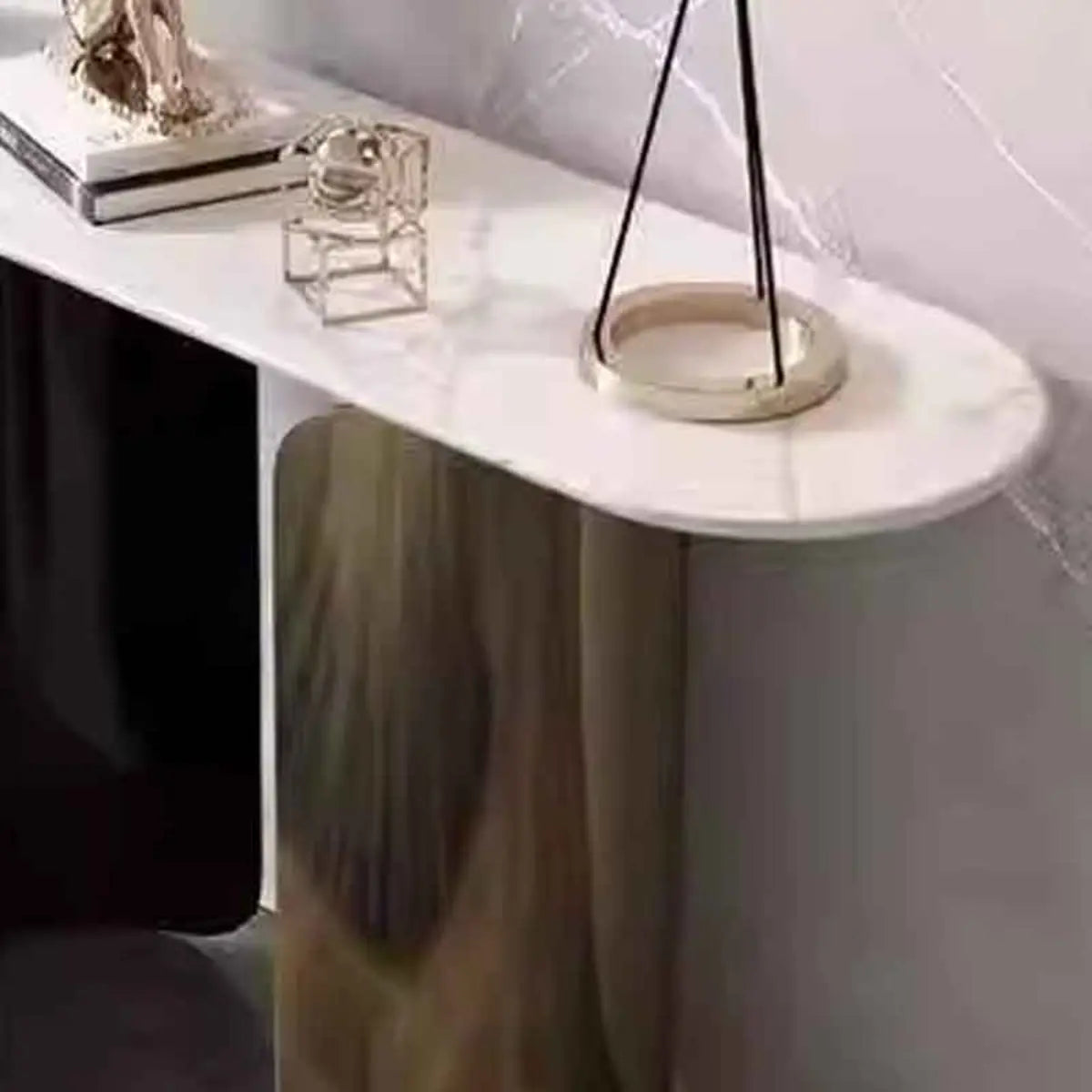 Double Pedestal Oval Sintered Stone Black-Gold Console Table Image - 6