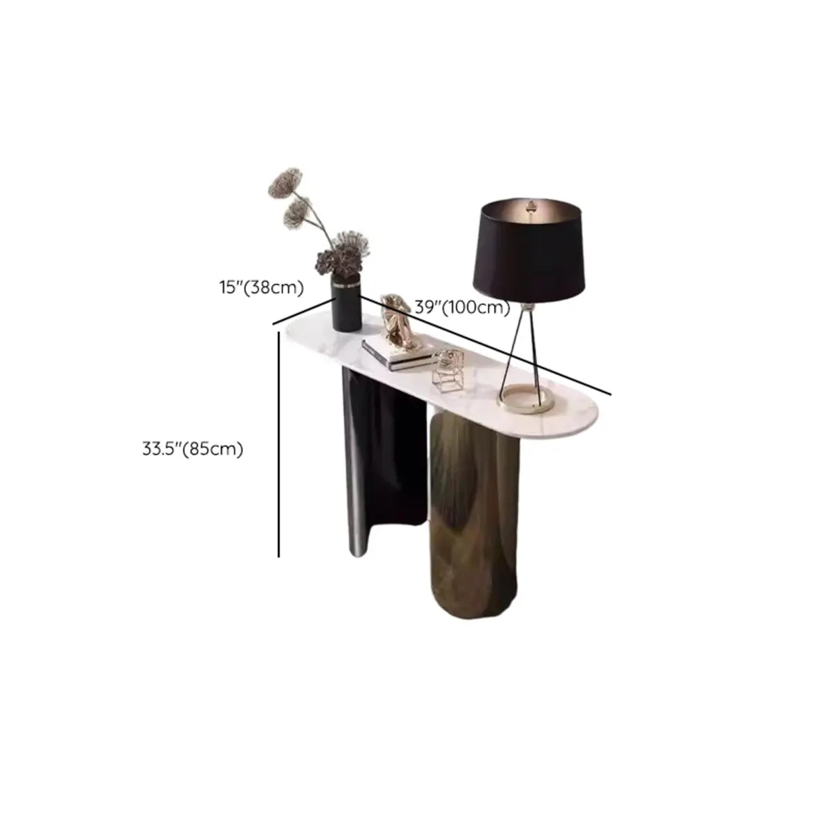Double Pedestal Oval Sintered Stone Black-Gold Console Table 