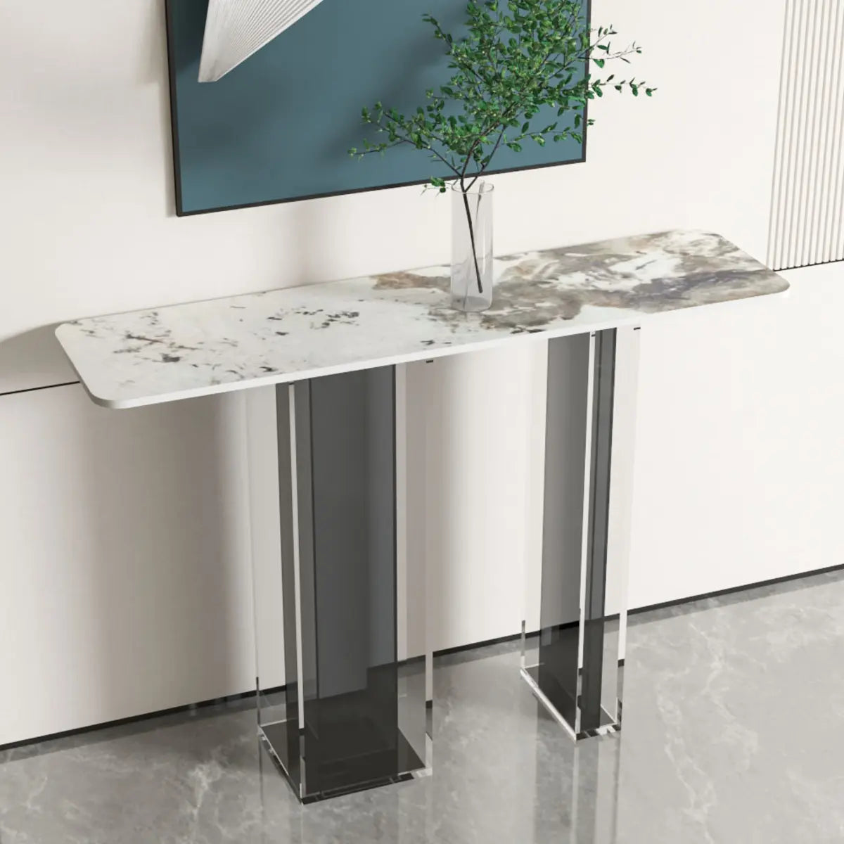 Double Pedestal Rectangle White Marble Top Console Table Image - 1