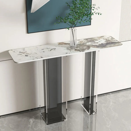 Double Pedestal Rectangle White Marble Top Console Table Image - 1
