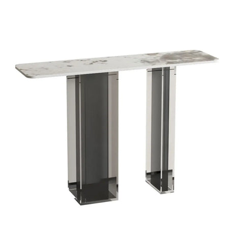 Double Pedestal Rectangle White Marble Top Console Table Image - 2