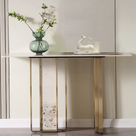 Double Pedestal Sintered Stone Gold Metal Console Table Image - 1