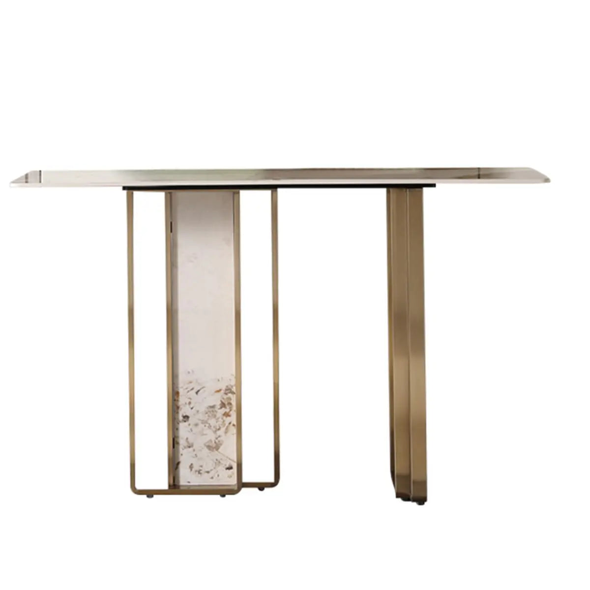 Double Pedestal Sintered Stone Gold Metal Console Table Image - 2
