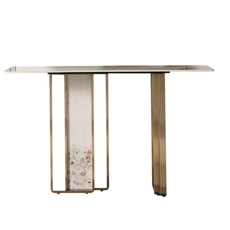 Double Pedestal Sintered Stone Gold Metal Console Table Image - 2