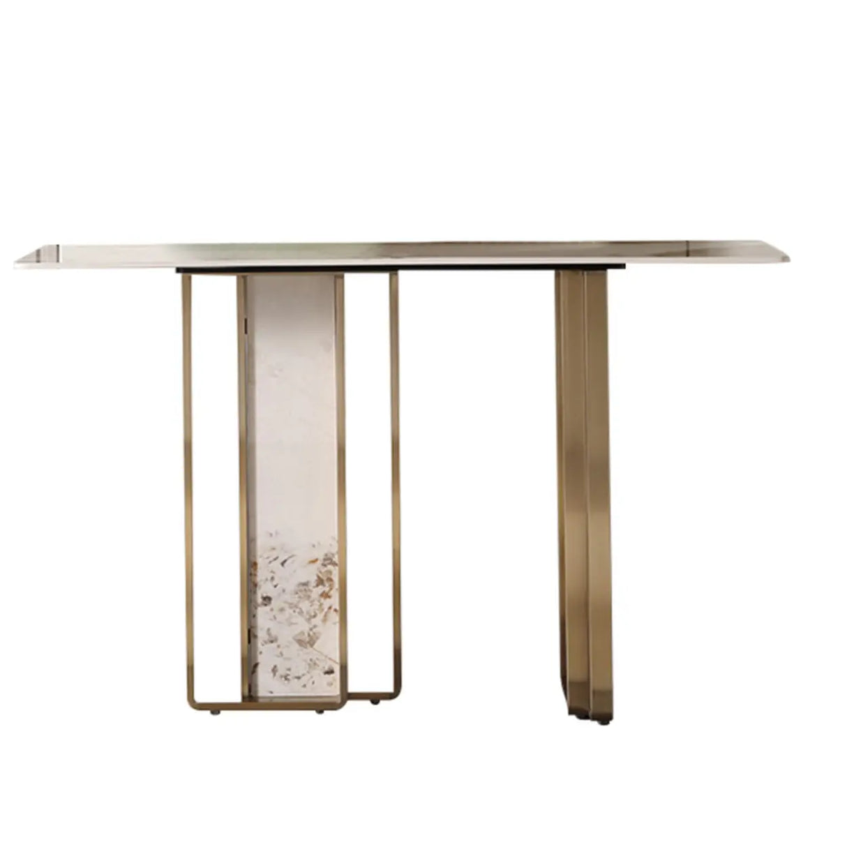 Double Pedestal Sintered Stone Gold Metal Console Table Image - 2