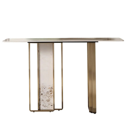 Double Pedestal Sintered Stone Gold Metal Console Table Image - 2