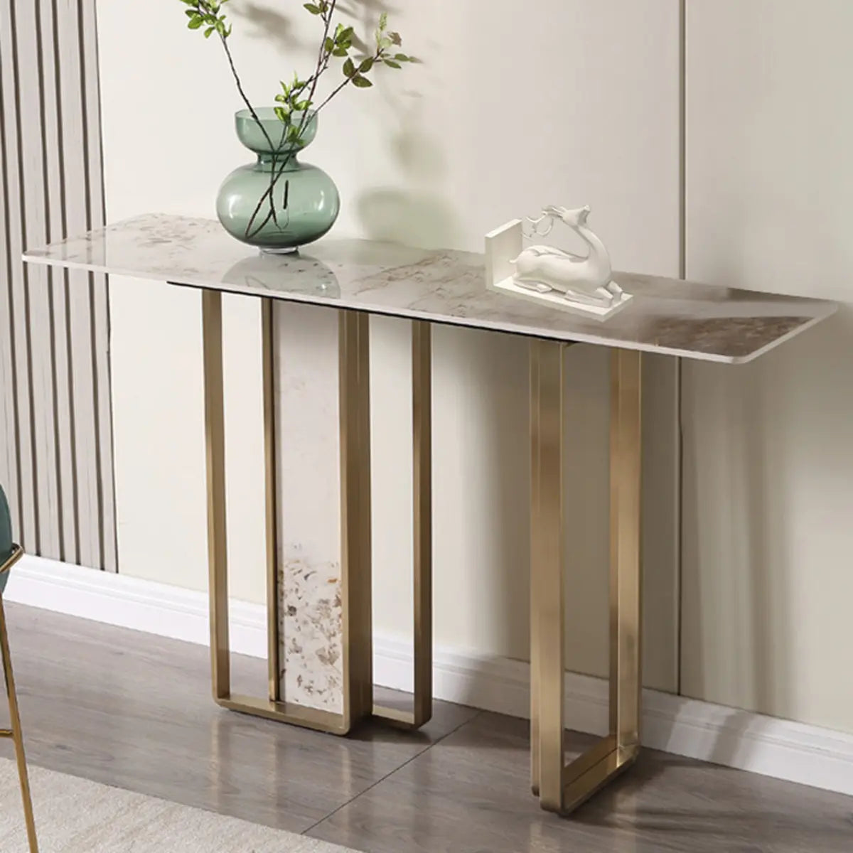 Double Pedestal Sintered Stone Gold Metal Console Table Image - 3