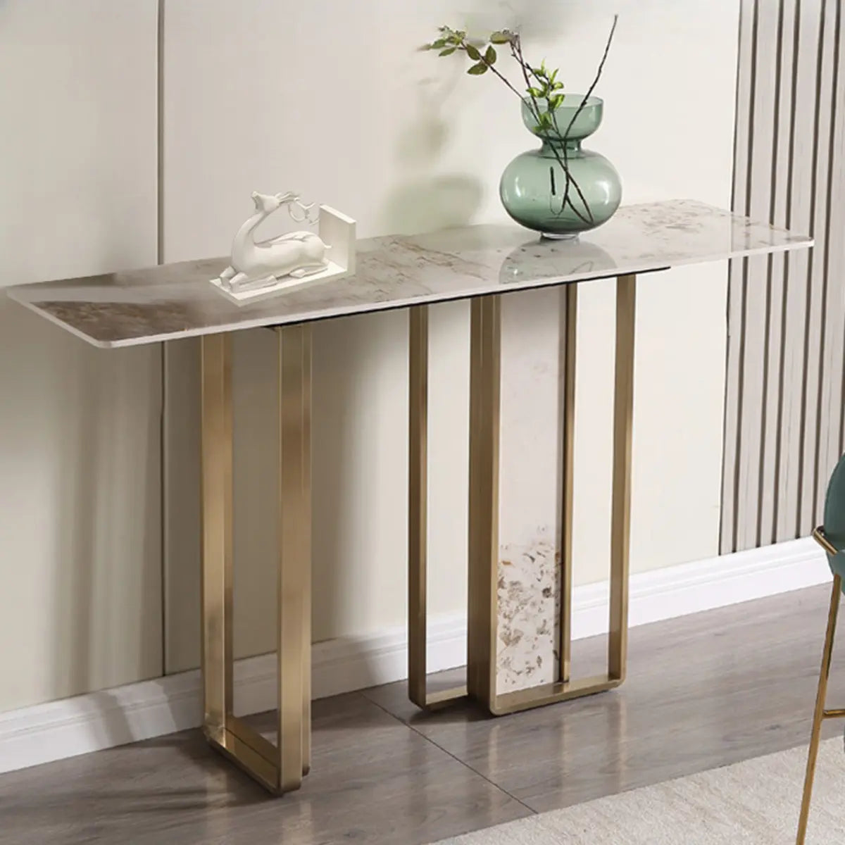Double Pedestal Sintered Stone Gold Metal Console Table Image - 4