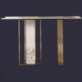 Double Pedestal Sintered Stone Gold Metal Console Table Image - 5