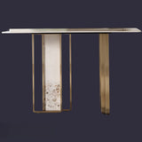 Double Pedestal Sintered Stone Gold Metal Console Table Image - 5