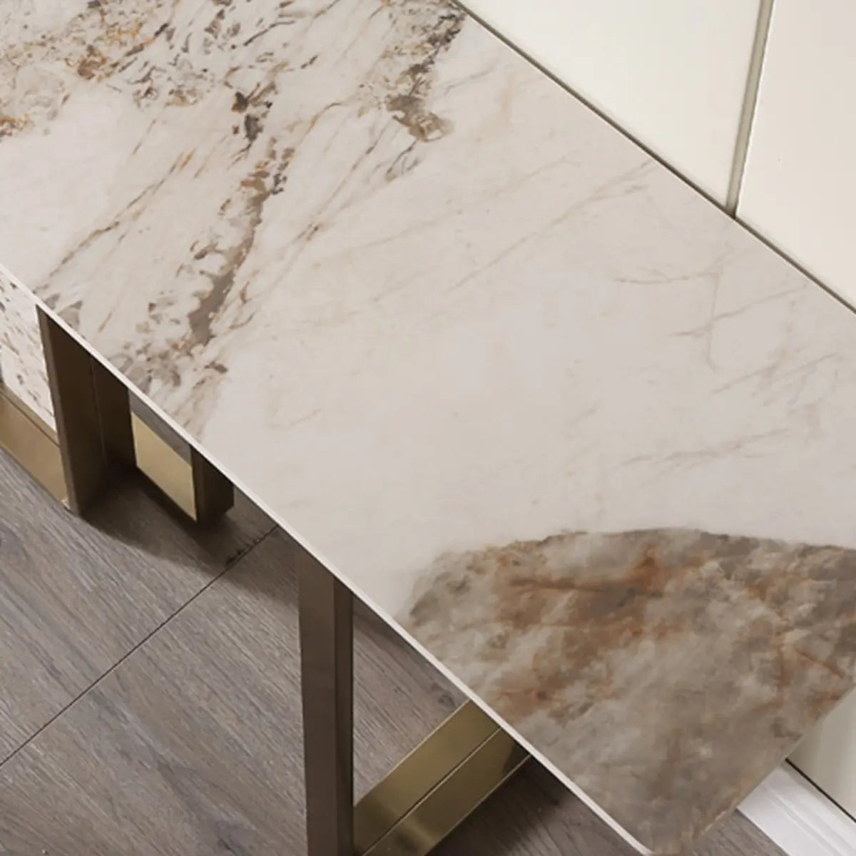 Double Pedestal Sintered Stone Gold Metal Console Table Image - 7