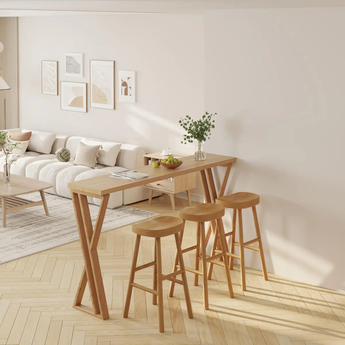 Double Pedestal Solid Wood Natural High Bar Table Set Image - 3
