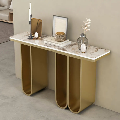 Double Pedestal Stone-Gold Entry Hall Console Table Image - 1