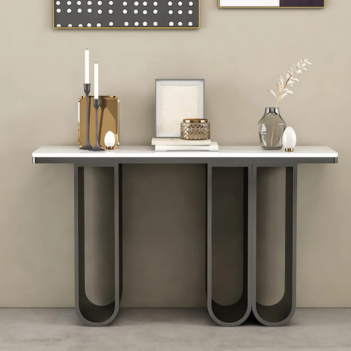 Double Pedestal Stone-Gold Entry Hall Console Table Image - 4