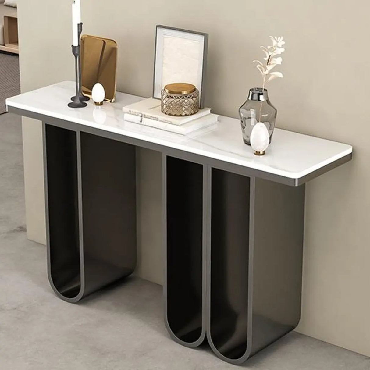 Double Pedestal Stone-Gold Entry Hall Console Table Image - 5