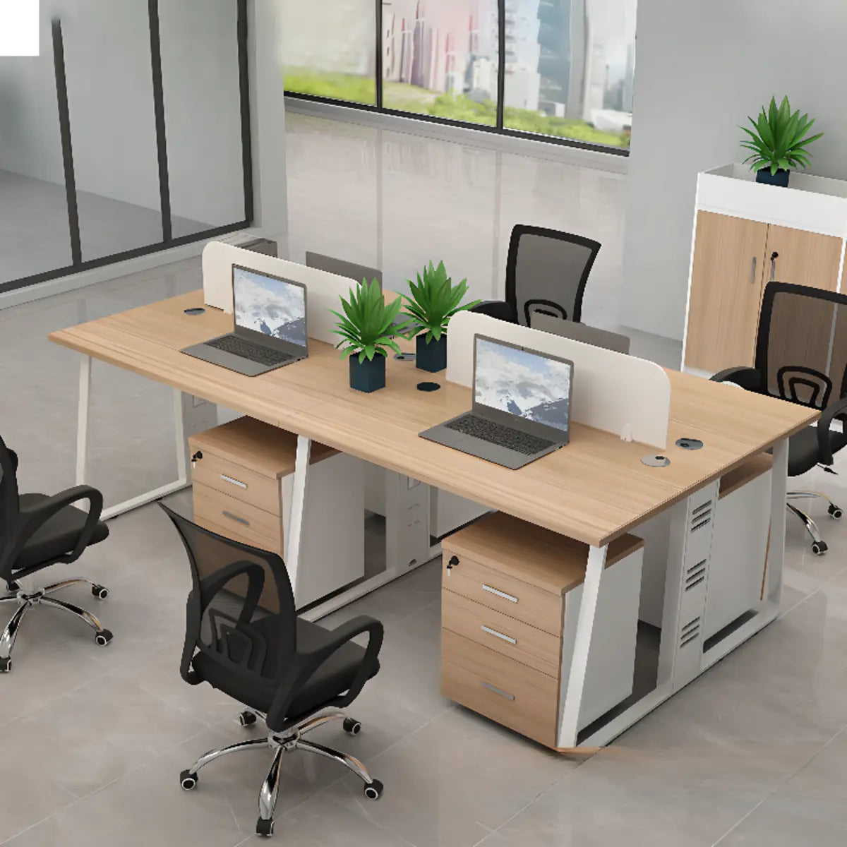 Double Pedestal Timber Beige Twin Storage Office Desk Set Image - 1