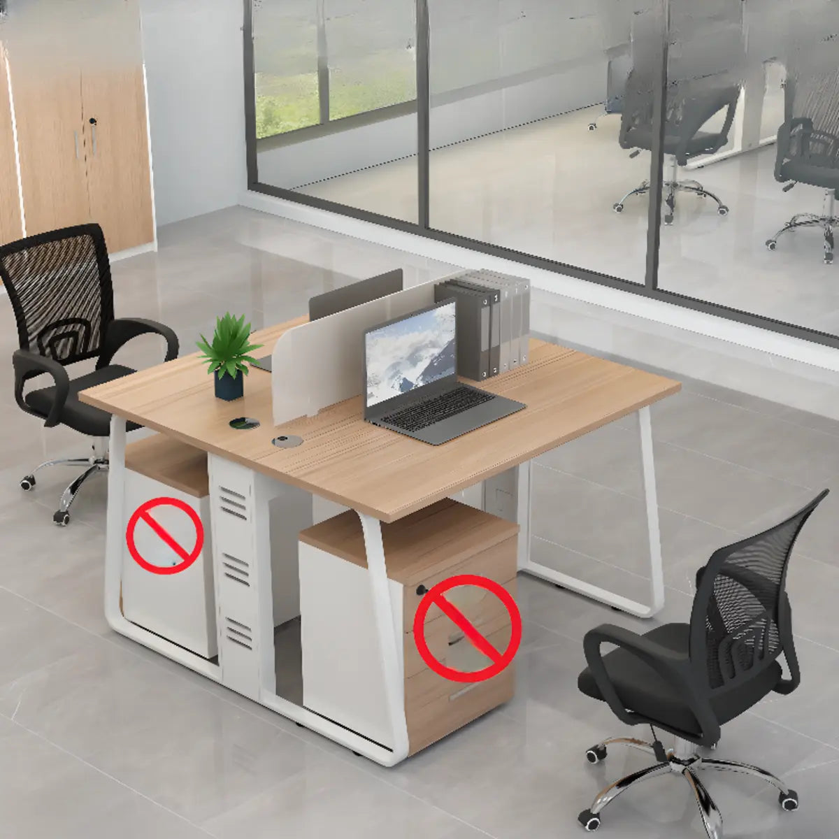 Double Pedestal Timber Beige Twin Storage Office Desk Set Image - 15