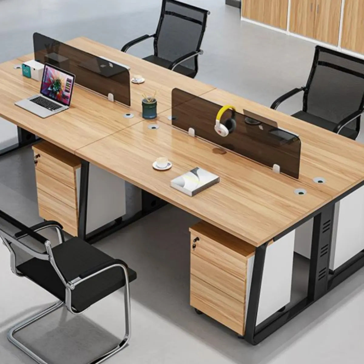 Double Pedestal Timber Beige Twin Storage Office Desk Set Image - 4
