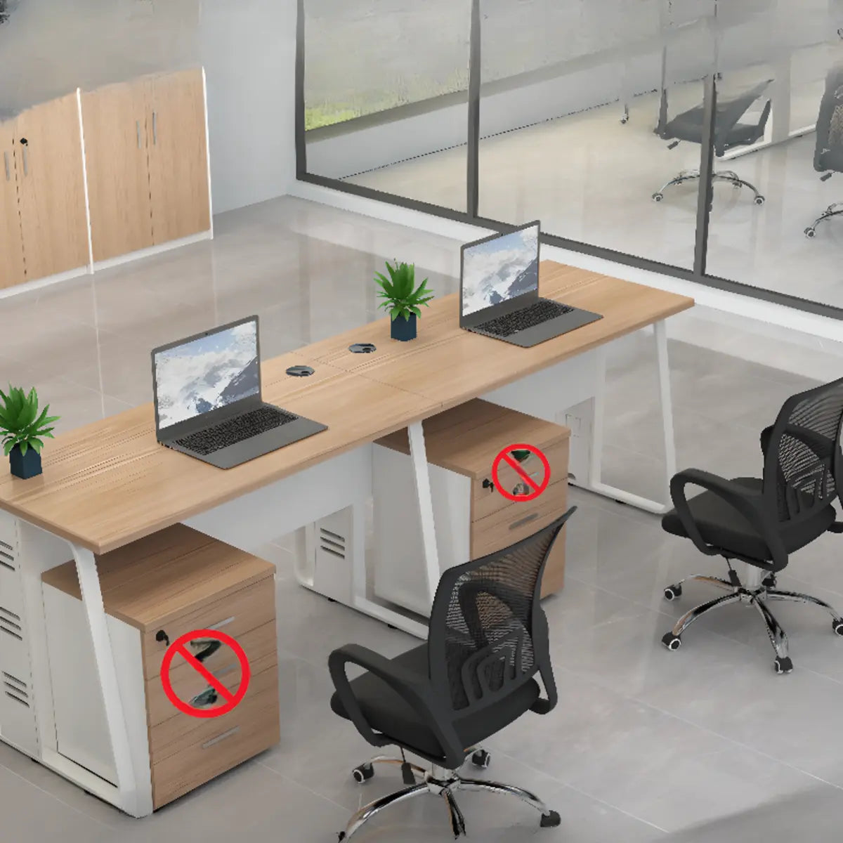 Double Pedestal Timber Beige Twin Storage Office Desk Set Image - 7