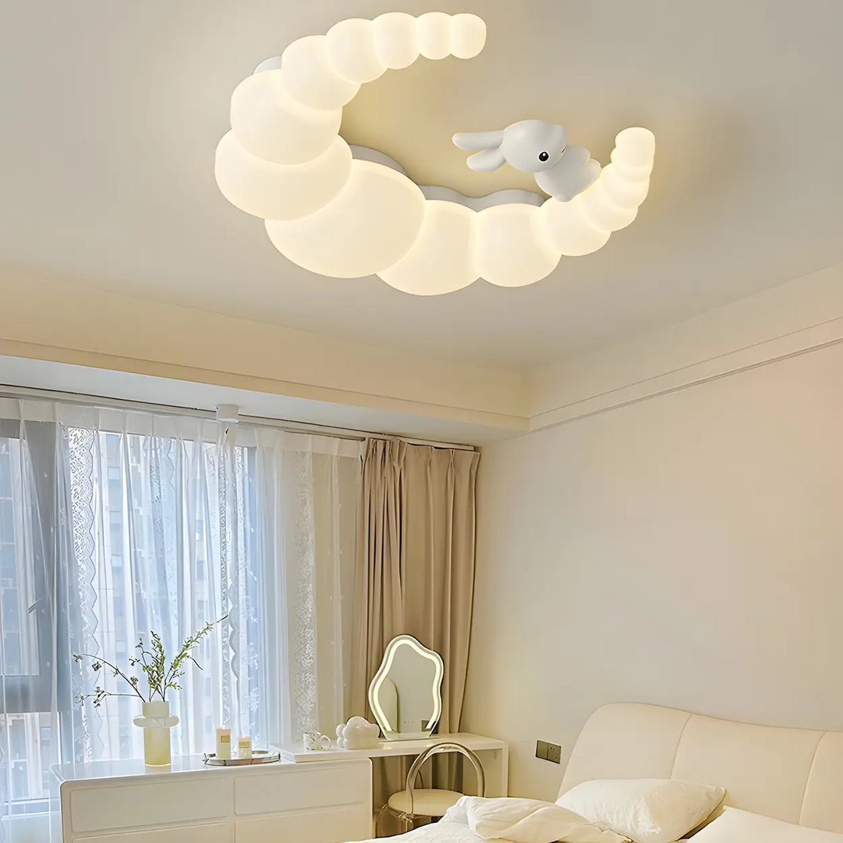 Dreamy White Crescent Resin Flush Mount Ceiling Light Image - 3