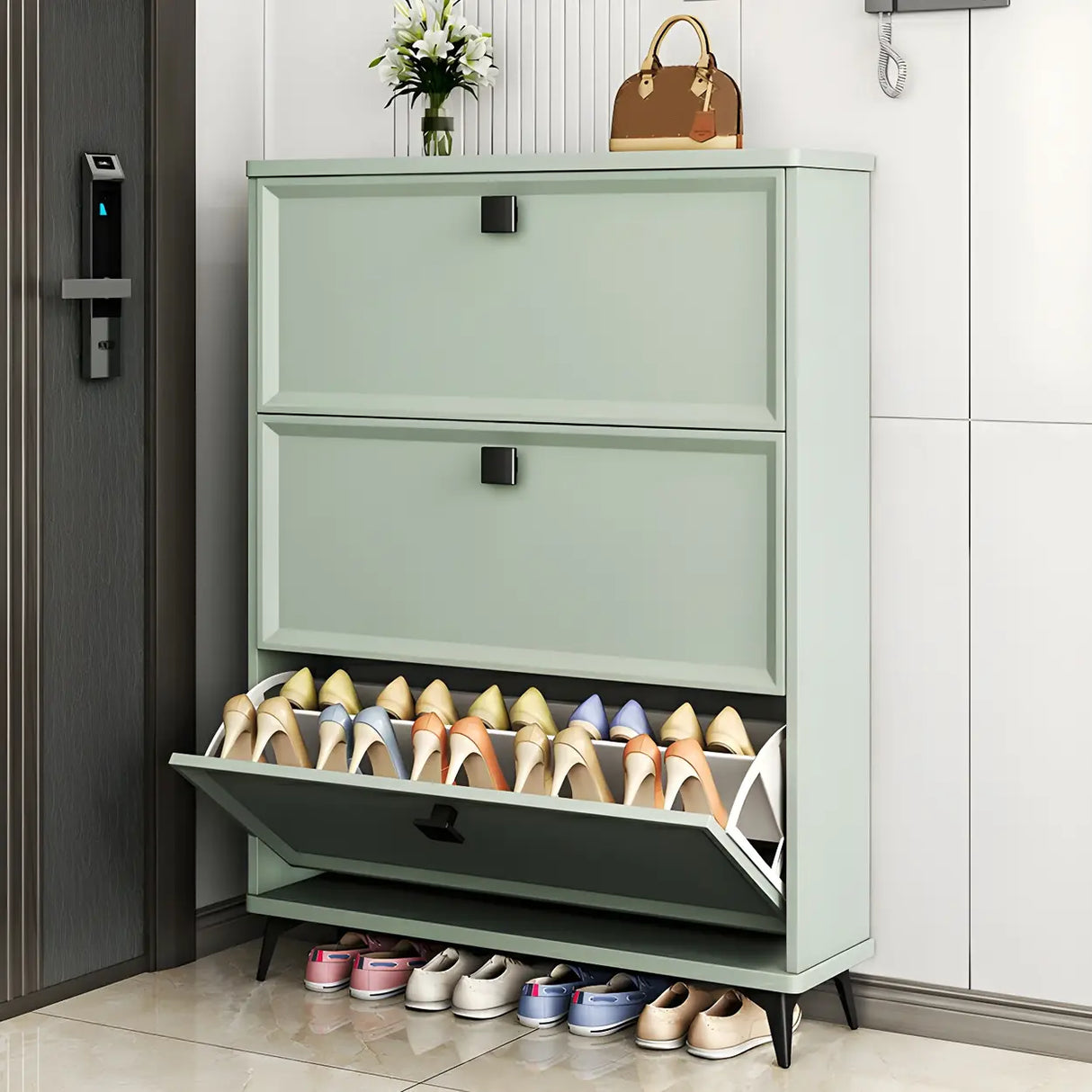 Drop Front Adjustable Wood Entryway Gray Medium Shoe Cabinet Image - 6