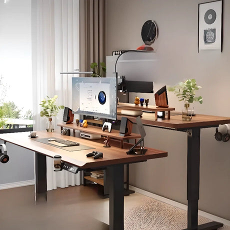 Electric Adjustable L-Shaped Wooden Computer Desk Image - 1