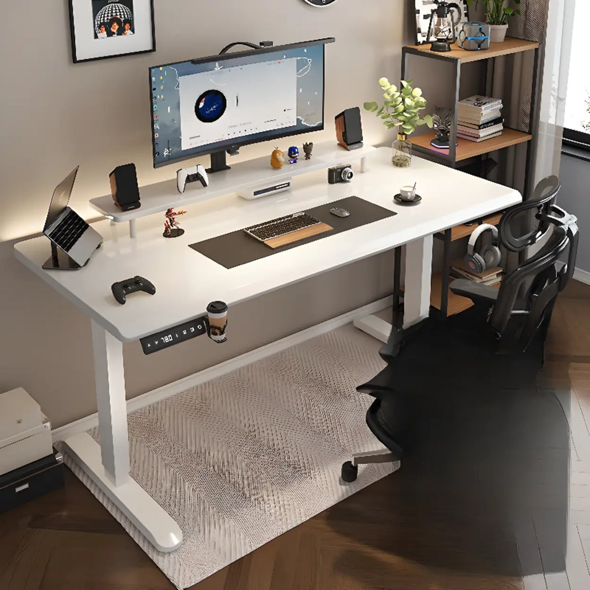 Electric Adjustable L-Shaped Wooden Computer Desk Image - 3