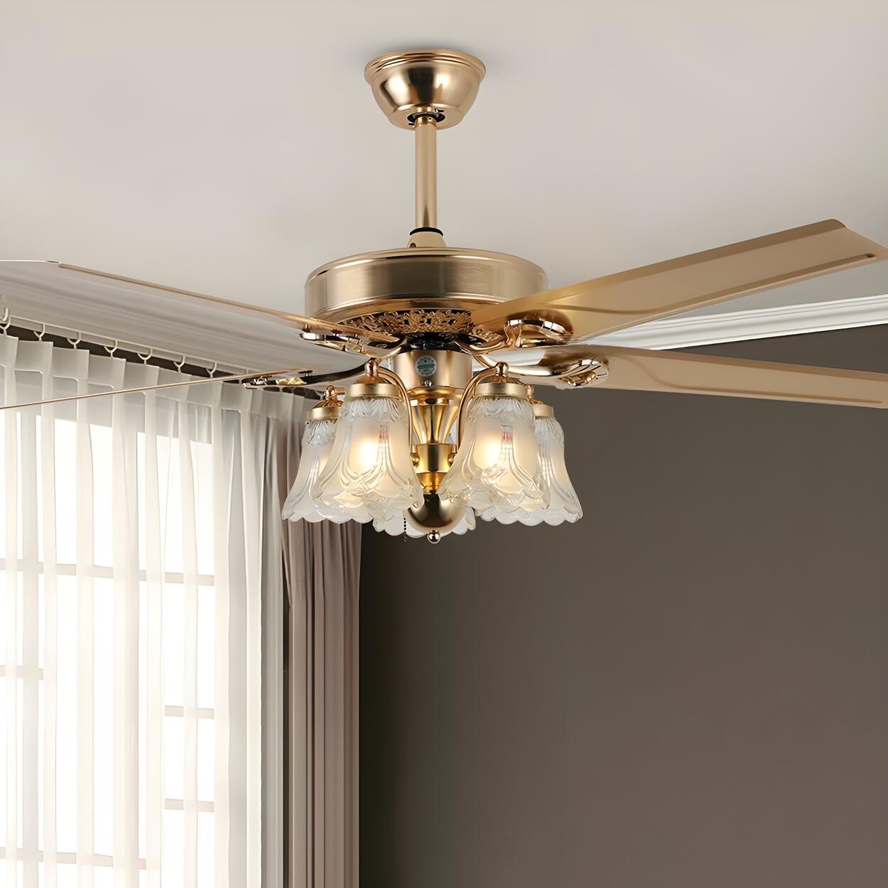 Elegant 5 Flower Shade 4 Blades Brass Ceiling Fan Light – Homebaa