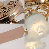 Elegant 5 Flower Shade 4 Blades Brass Ceiling Fan Light Image - 7