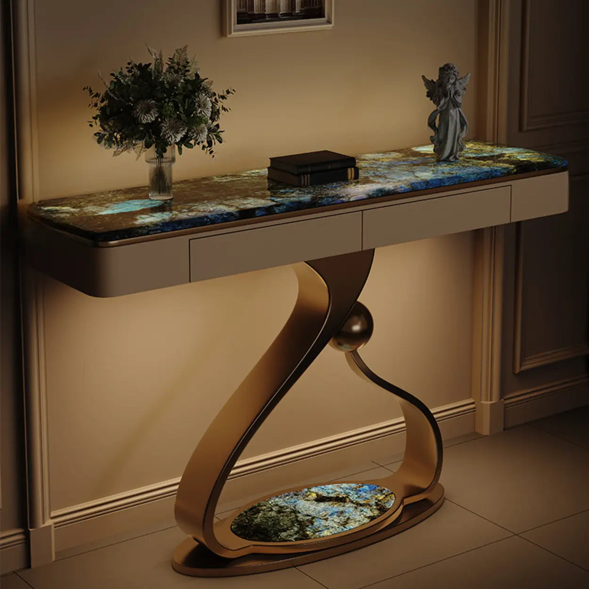 Elegant Abstract Blue Marble Storage Console Table Image - 5