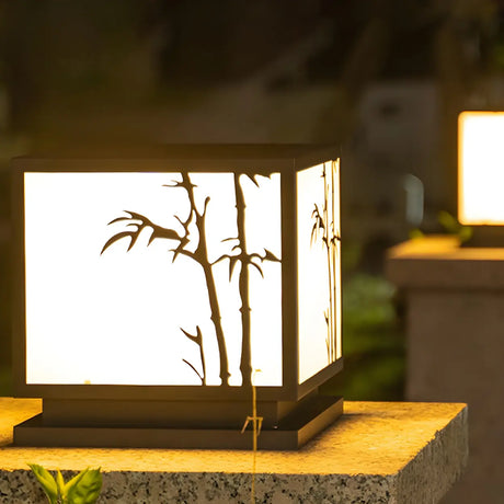 Elegant Bamboo Pattern Square Outdoor Post Table Lamp Image - 1
