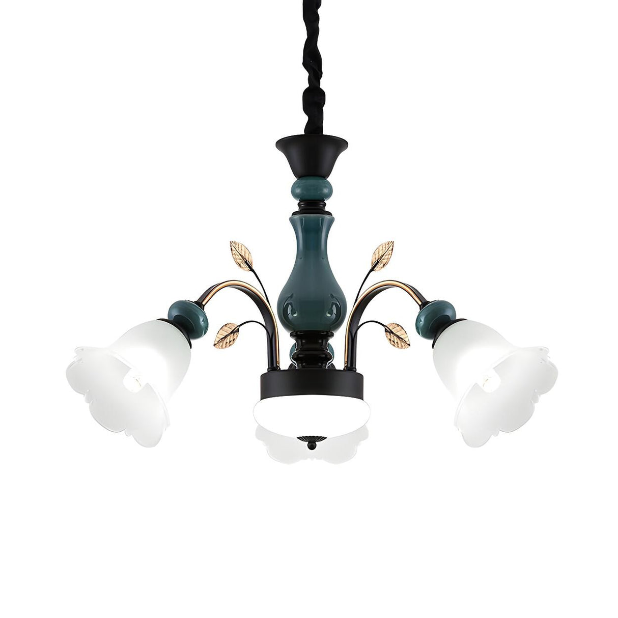 Elegant Bedroom Opal Glass Flower Green Ceramic Chandelier Image - 3